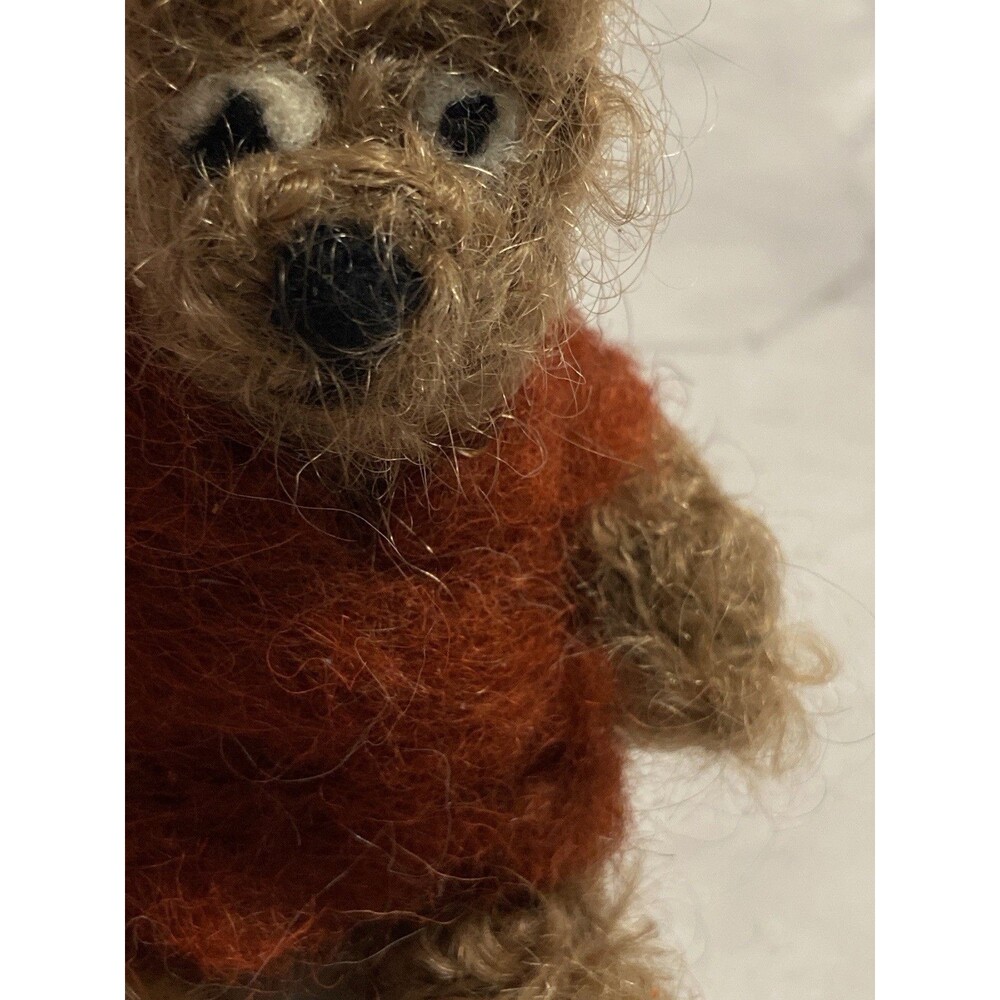 Mini Needle Felted Brown Teddy Bear Red Sweater Vintage Handmade Unique